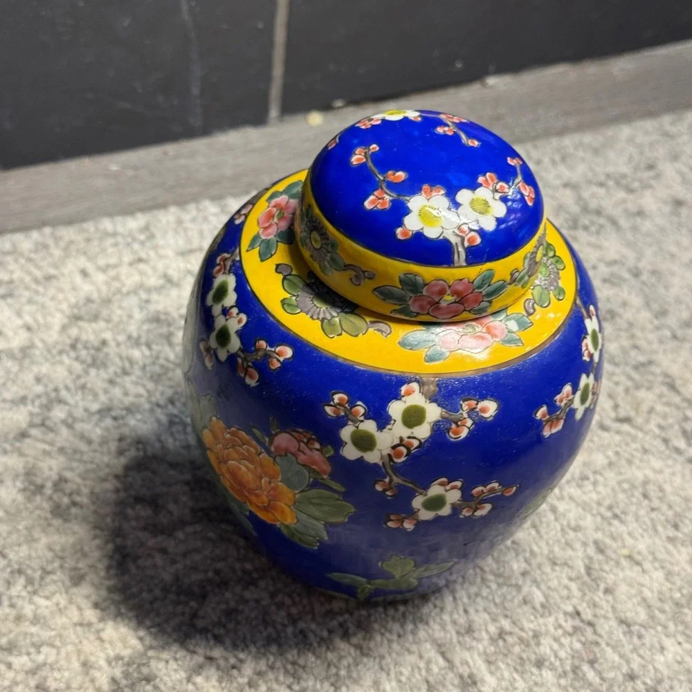 Vintage Made in Japan‎ Ginger Jar Cobalt Blue Yellow Parrot Cherry Blossom 6.5